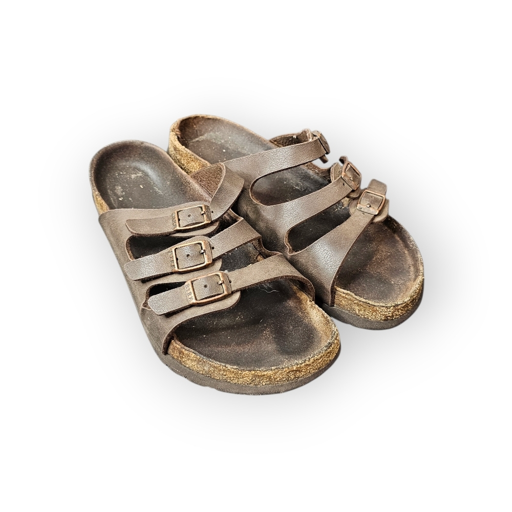 Birkenstock Brown Leather 3 Strap Sandals Comfort Footbed Buckle Slides - Picture 2 of 4